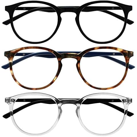 OPULIZE Met - Blue Light Blocking Glasses 3 Pack Slim Round Frame Scratch Resistant Spring Hinges Improve Sleep Computer Gaming Anti-Reflective Black Brown Transparent Mens Womens BBB60-12C Cover