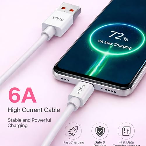 Image of 6A High Current USB A to Type C Cable, Premium TPE USB C Charging & Data Sync Cable, Reinforced Connectors, 1 Meter, Compatible with USB Type-C Smartphones, Tablets, Power Banks, White