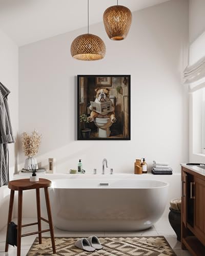 Image of Bulldog on Toilet Black Framed Wall Art Print Poster, Dog Bathroom Humor Decor Posters Prints for Restroom Home Picture Painting Artwork Gallery 7 (Bulldog, 18 x 24 inches, Black Frame)