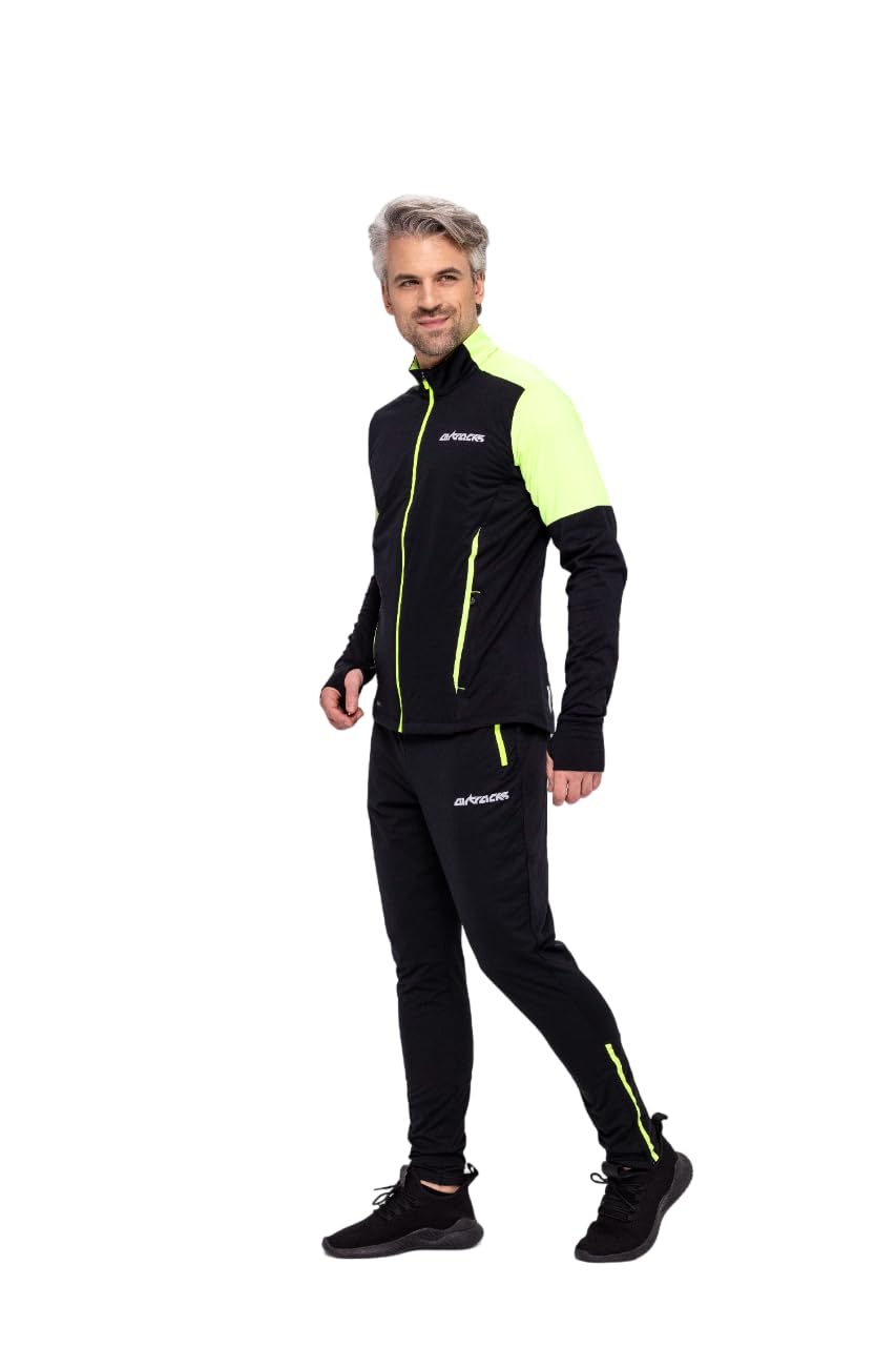 Airtracks Herren Winter Funktions Laufshirt Langarm Pro Line - Thermo Running Sweatshirt - Fleece T-Shirt - Warm - Winddicht - Atmungsaktiv - Reflektoren - Durchgehender Reißverschluß