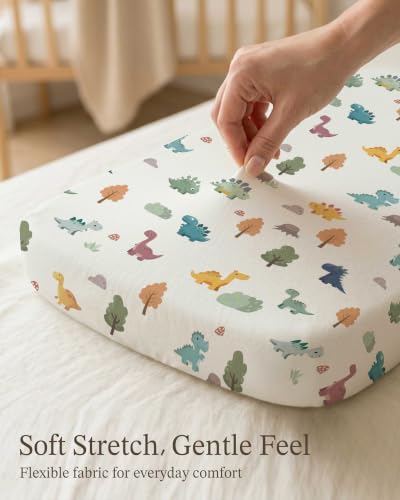 Image of Bassinet Sheets for Baby Girls Boys 2 Pack, Fitted Baby Mattress Sheet for Rectangle, Oval, Hourglass Bassinet Mattress, Breathable Cozy & Universal Fit (Sage Dino, Bassinet Sheet)