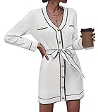 Pink Queen Womens V Neck Long Sleeve Mini Dress Elegant Button Down Open Front Color Block Knit Sweater Cardiagns with Belt White S
