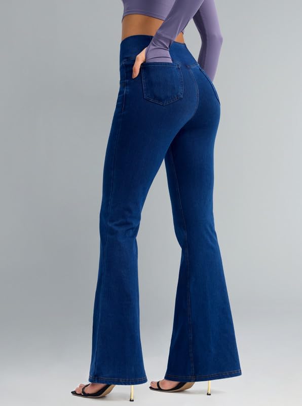 Rammus Flare Jeans for Women Crossover High Waisted Bell Bottom Jeans Trendy Yoga Pants Stretchy Flare Leggings with Pockets - Image 2
