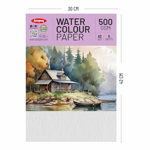 Image of Anupam Professional Watercolour Paper | A3 (42X30CM) 500 GSM Cold Pressed Paper | Acid-Free 5 Sheets| Ideal for Artist, Professional Drawing, Painting Dry & Wet, Fine Art, School, Students