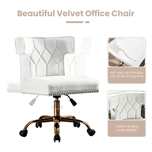 Recaceik Velvet Home Office Chair, Modern Adjustable Swivel Desk Chairs With High Back 360 Degree Castor Gold Wheels For Living Room/Bedroom/Office (Beige) #TOP4
