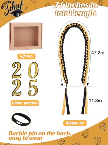Graduation Ribbon Lei with Gift Box - 2025 Handmade Braided Necklace Grad Honor Cord with Glitter Number Patches for High School College Graduation Gift Party Supplies (Black & Gold)