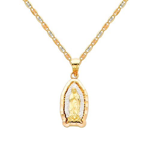 The World Jewelry Center 14k Real Tone Gold Religious Mary Guadlupe Pendant with 1.5mm Diamond Cut Chain Necklace
