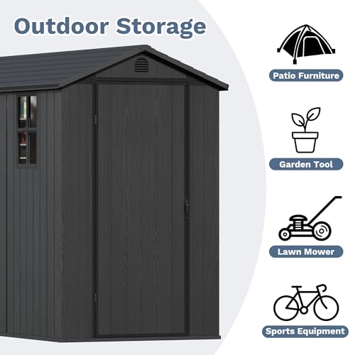 Image of Devoko 4x8 FT Resin Storage Shed with Floor, Garden Plastic Outdoor Shed with Window and Lockable Door, Waterproof Outside Tool shed for Backyard Patio, Dark Grey