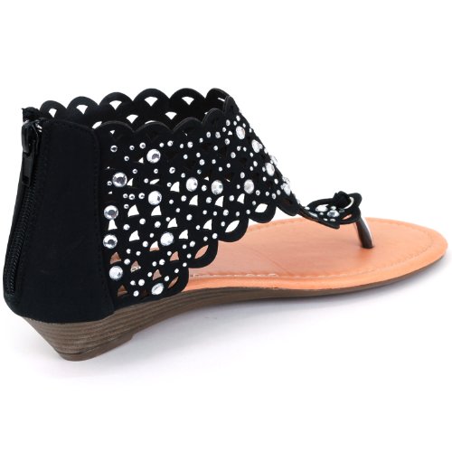 Luo Luo Womens Wedge Heel Sandals Rhinestone Embellished Thongs,Black,7.5 #TOP3