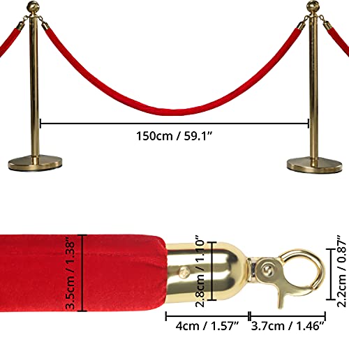 Belle Vous 2 STK Kordel Absperrung Roter Samt – B150 x D3,5 cm Samtseil mit Karabiner Haken Gold Poliert als Absperrband – Dicke Samtkordel Personenleitsystem Absperrband Rot