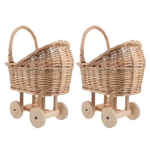 OUNONA 2 Piezas Cochecito de Mimbre para Boda y Shower, Cesta Tejida Asas Ligera y Decorativa, Tamaño 31x27x36cm, Adecuado para Exhibición Floral y Obsequio