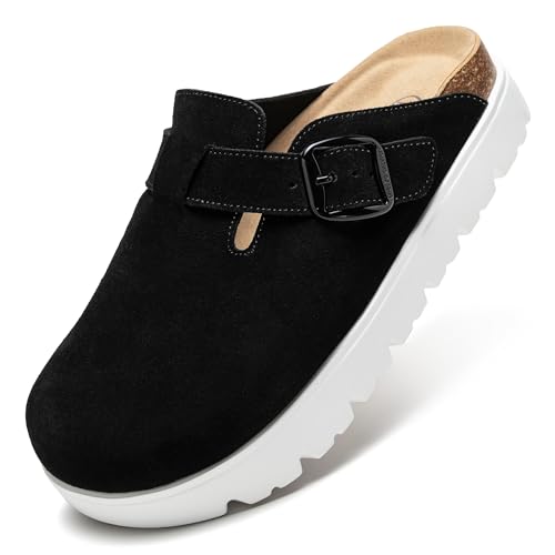 Brelzo Calvior Women's Platform Suede Clogs Slip-On Mules Non-Slip Potato Shoes Sandals with Arch Support Adjustable Buckle Black
