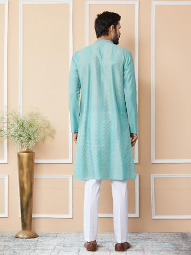 Image of See Designs Men's Long Sleeve Mandarin Collar Side Slit Embroidered Thread Work Sequinned Chanderi Silk Straight Kurta with Pyjama