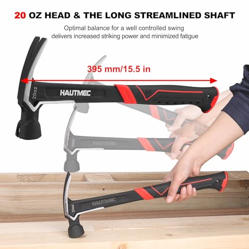 HAUTMEC 20 oz. One Piece Forged Framing Hammer with Straight Rip Claw, Milled Face, Shock-Absorbing Grip, with Magnetic Nail Holder, HT0371-HM - Image 3