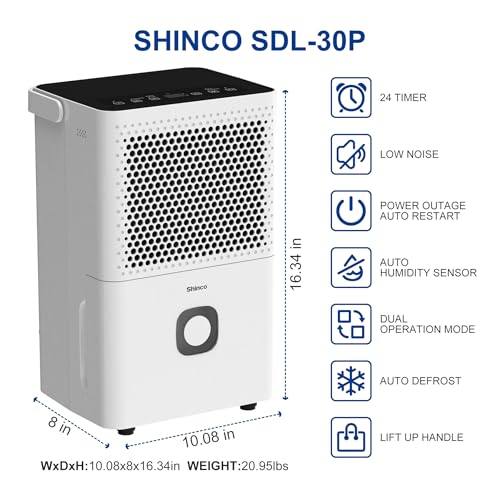 Image of Shinco 30 Pints Dehumidifier for Home and Basements, 1500 Sq.Ft Dehumidifiers with Drain Hose, Auto or Manual Drainage, Auto Defrost, Quietly Remove Moisture, Activated Carbon Filter, 24HR Timer