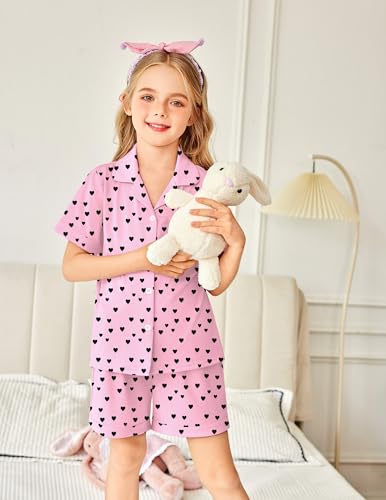Image of Arshiner Girls Pajamas Sets Short Sleeve Kids Pjs Button Down Sleepwear | Cute Printed Pajamas for Little & Big Girl, Lightweight Comfy Fabric, 2-Piece Outfits, Perfect for Lounge Pajamas Party