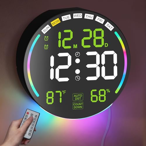 【Orologio Digitale LED Multifunzione】Il nostro grande orologio digitale da parete presenta un design intuitivo che mostra mese, data, giorno della settimana e ora in formato 12 o 24 ore. Indica anche la temperatura interna in °C/°F e l’umidità, rendendolo perfetto per l’uso quotidiano. La batteria di memoria integrata garantisce che le impostazioni vengano salvate anche se l’orologio viene scollegato. La funzione di memoria è alimentata da due batterie AA (non incluse). Questo orologio digitale da parete non include un adattatore di alimentazione