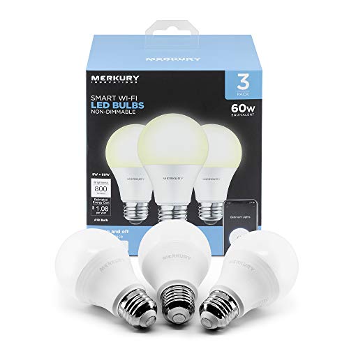 Merkury Innovations A19 Smart White Led Bulb 60W Non-Dimmable 3-Pack, Voice Control, Hub Compatible, 9 Watt, 800 Lumens, 3 Pack #TOP16