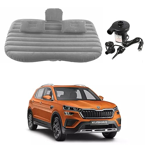 Image of Oshotto Multifunctional Car Travel Bed Mattress with Two Air Pillows, Car Air Pump Compatible with Skoda Kushaq (Grey)