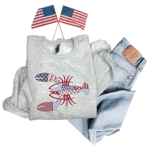 Lobster Patchwork Embroidered Sweatshirt – Nautical Summer Crewneck, Patriotic USA Coastal Shirt, Lightweight Embroidered Beach Pullover for Women & Men Multi3