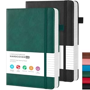 FOCUS DAY 2 Pack A5 Journal Notebook, Faux Leather Notebook Journal for Men/Women, Hardback Note Book with 100GSM Lined Paper, No Bleed, for Office School Supplies, 14.5 x 21.3 cm, Green & Black