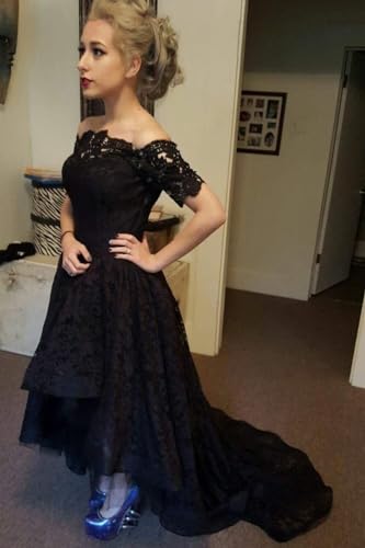ZVOCY Lace Prom Dress Black Short Sleeve Hi Lo Evening Dress Off The Shoulder Formal Gown3