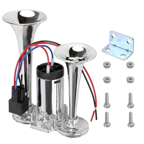 MTRPS 12V Car Air Horn, 120 DB Super Loud Dual Trumpets Electric Train Horn Kit with Compressor, Universal Dual Trumpet Air Horns for Cars Trucks Motorcycles Boats Speaker (Silver)