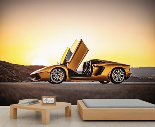 UHKGDS Car Wallpaper Golden Luxury Sports Car Wallpaper for Living Room Sunset Natural Landscape Wall Murals for Bedroom Mountain City Landscape Wall Paper Kids Room Tv Background 79