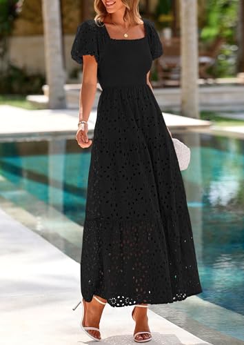 Image of PRETTYGARDEN Summer Dresses for Women 2026 Eyelet Square Neck Puff Sleeve Smocked Wedding Guest Maxi Dress with Pockets