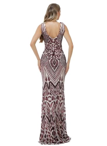 Image of Women's Wedding Bridesmaid Gown Sequined Mermaid V Neck Sleeveless Evening Dress