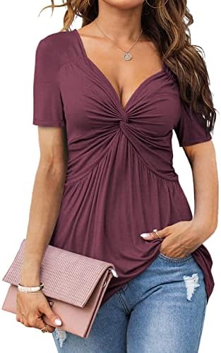 Tankaneo Womens Front Knotted V-Neck Blouse T Shirt Short Sleeve ...