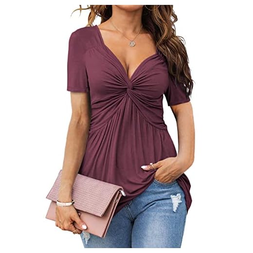 Tankaneo Womens Front Knotted V-Neck Blouse T Shirt Short Sleeve Oversized Tunic Tops Summer Solid Pullover Tees