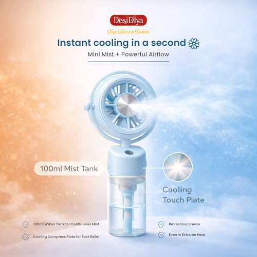 Image of Desidiya Mini Portable USB Rechargeable Hand Fan With Mist Diffuser 8000 RPM, 1200mAh Rechargeable Battery, Up to 6H Runtime, 3 Speed Modes With Mist Button Hand Fans for Summer, Blue Colour