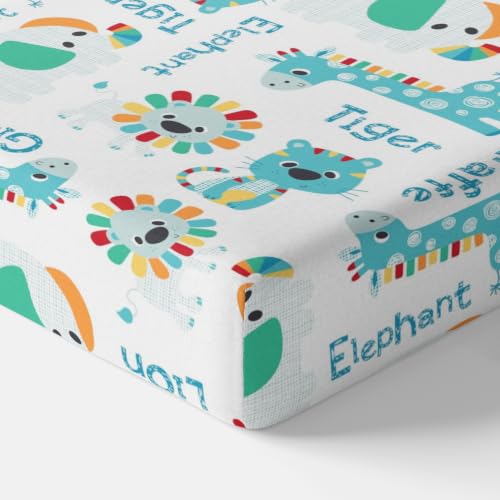 Image of LORETO - A QUALITY LINEN BRAND 144 TC 100% Pure Cotton King Size Fitted Bedsheet with 2 Pillow Covers for 72 x 72 Inch Mattress, All-Around Elastic, 8 Inch Deep Pocket, Aqua & Rainbow Animal Parade