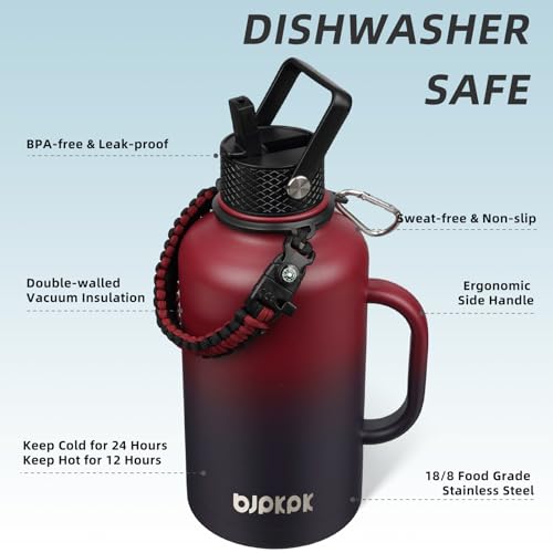 Image of BJPKPK Half Gallon Insulated Water Bottles with Straw Lid & Side Handle, 64oz Large, Stainless Steel Water Bottles with 3 Lids and Paracord Strap, Metal Water Jug,Charming Red