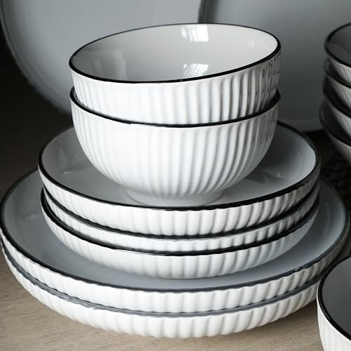 Image of Christian Siriano Lustra Modern 16-Piece Stoneware Dinnerware Set, Plates and Bowls Set, Dinner and Salad Plates, Ramen Bowls, Dishes for 4, White