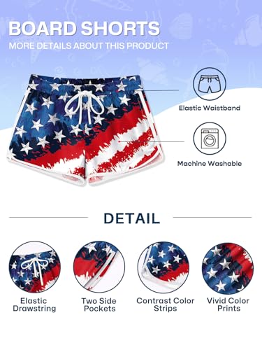 Image of BesserBay Girls 4th of July Elastic Waist Beach Swim Shorts American Flag Trunks with Pockets 5-14 Years