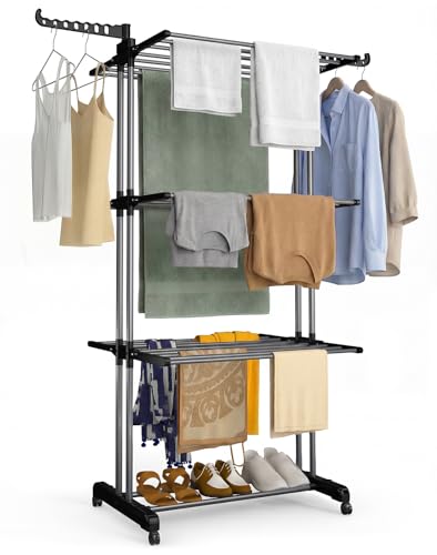 vounot® Étendoir à Linge à 4 Niveaux 126x63x170cm Sechoir à Linge Grande Capacité Pliable avec roulettes Ailes latérales Utilisation Intérieure et...