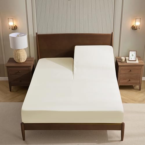 Image of Split Head King Sheets Set for Adjustable Beds 4 Piece Flex Top Bed Sheets - Deep Pocket Split Top Fitted Sheet with Built-in Corner Straps, Luxury Soft Cooling Bedding, Wrinkle Resistant, Ivory