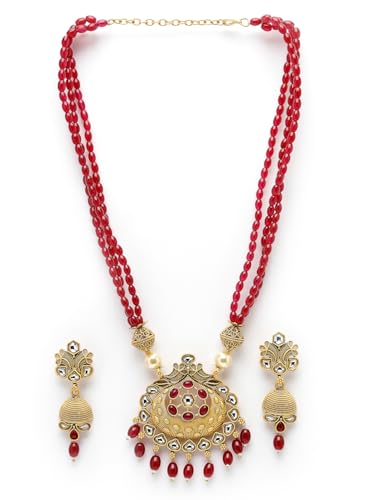 Image of Adiva Stylish Traditional Gold-Plated Kundan Stone Studded & Pearls Handcrafted Necklace with Earrings Jewellery Set for Women & Girls