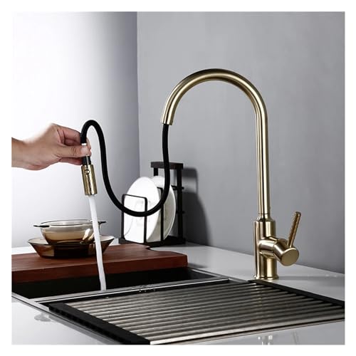 Robinet de cuisine extractible en or brossé, mitigeur rond haut de gamme