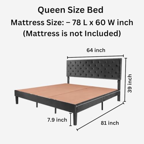 Image of Julius Upholstered Bed Queen Size Without Storage Solid Sheesham Wood | Modern Premium Fabric Upholstery Cushion Headboard | Queen Bed for Bedroom Wooden Double Bed Cot 78x60 Inch Queen