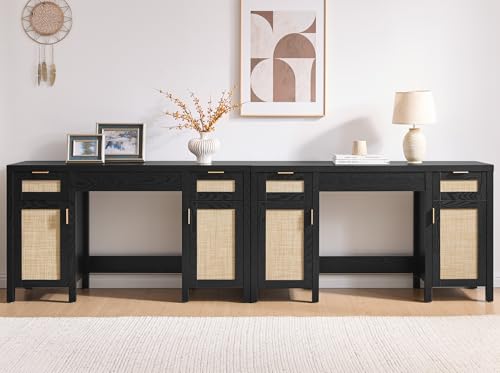 Image of SICOTAS 52 Inch Vanity Table Rattan Vanity Home Office Desk with 3 Drawers | 2 Pieces Farmhouse Boho Makeup Vanity Dressing Table with Large Storage, Vanities Desk for Makeup Room, Bedroom, Office