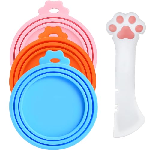 Giozoc Cat Food Can Covers Lids & White Spoon Pink/Orange/Sky Blue Lids Can Covers for Dog/Cat Food Cans Fit 3 Standard Size Pet Food Cans Spoon with Opener Paw & Mini Spatula