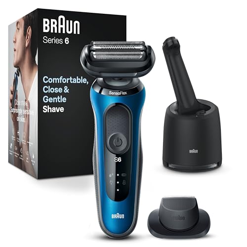 Braun Series 6 Elektrorasierer mit EasyClick-Präzisionstrimmer-Aufsatz, SensoFlex Rasierer Herren mit Reinigungsstation, Wet&Dry, Geschenk Mann, Made in Germany, 61-B7200cc, Blau