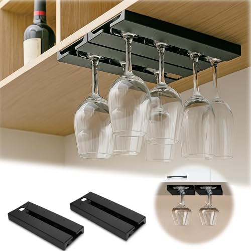 VOSSOT 2 Pezzi Supporto per Bicchieri da Vino, Nero Autoadesivo Porta Bicchieri Sospesi Portabicchieri Sospeso Nessuna Perforazione Richiesta, Porta Bicchieri da Vino adatto per Cucina Bar Ristorante