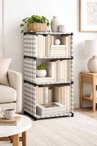 Image of 4-Tier Book Rack Bookshelf, Multi-Level Storage Organizer for Books, Magazines, Office Supplies, Space-Saving Design, Grey Check Pattern with Heavy Fabric Cover 4 layer rack
