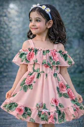 Image of Buy & Try Girls Summer Lightweight Georgette Floral Printed Frock Dress, Sleeveless Princess for Baby Girls, Stylish Fancy Kids Party & Casual Outfit