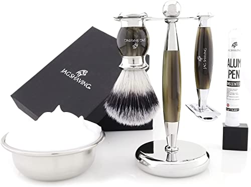 Jag Shaving Set de afeitado de 4 piezas Brocha de afeitar sintética, Brocha de afeitar de punta plateada, Maquinilla de afeitar de doble filo, Soporte Cover