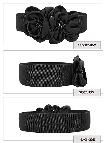 TeeYee Women Girls Big Stretch Double Décor Flowers Buckle Adjustable Elastic Wide Waist Belt4